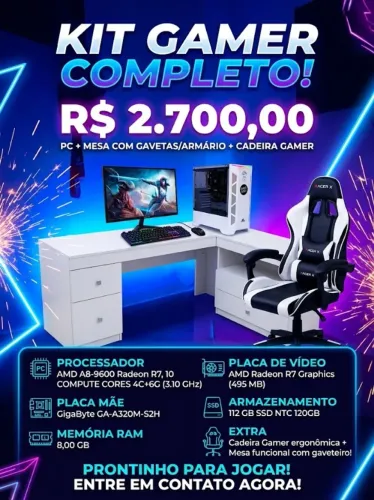 Kit Setup Gamer Completo - PC + Mesa em L + Cadeira Gamer | Pronto pra Jogar!