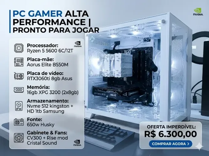 PC Gamer Ryzen 5 5600 3060ti 16gb 500nvme