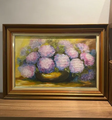 (Valor Negociável) Luxuoso Quadro de Hortênsias Óleo sobre Tela (99,5 x 70,5)