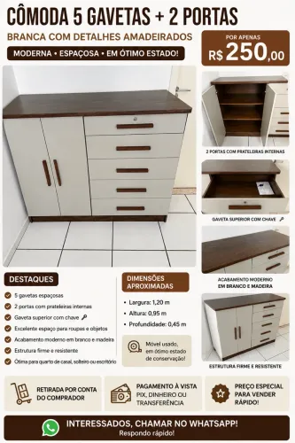 Cômoda Branca com Detalhes Amadeirados - 5 Gavetas + 2 Portas
