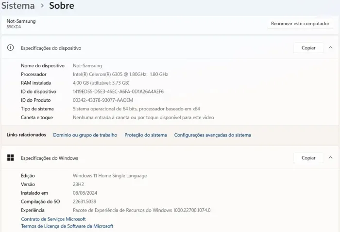 Notebook Samsung 550XDA 