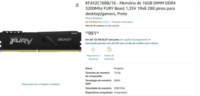 Memória RAM Kingston Fury Beast 16gb (1x16gb) Ddr4 3200mhz Black