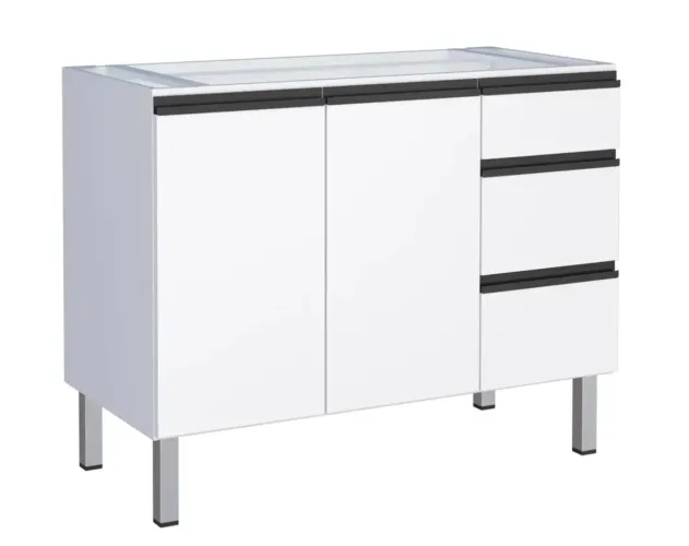 Balcão Para Pia 120cm Em Aço 2 Portas 3 Gavetas Branco