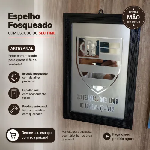 Espelho decorado com símbolo do flamengo, fosqueado.