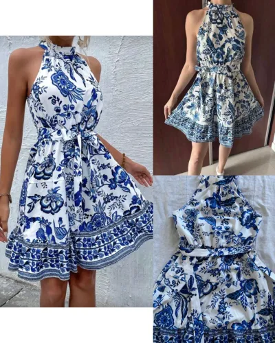 Vestido Branco e Azul estampa floral e acinturado gola halter (Pp)