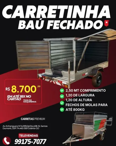 Carretinha baú fechado 2, 50 mt comprimento por 1,20 de largura por 1,20 de altura 
