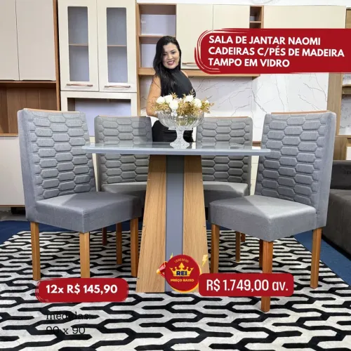 PROMOÇÃO URGENTE - Mesa de Jantar Naomi com Tampão em Vidro 4 CADEIRAS Cinza 
