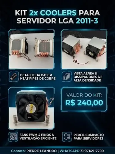 Cooler para servidor LGA 2011-3 X99 Xeon 80x80 kit 2 peças Ventoinha