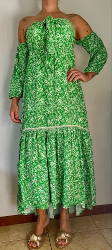 Vestido Longo Borana Verde Estampado Ombro a Ombro Tam G (Veste GG)