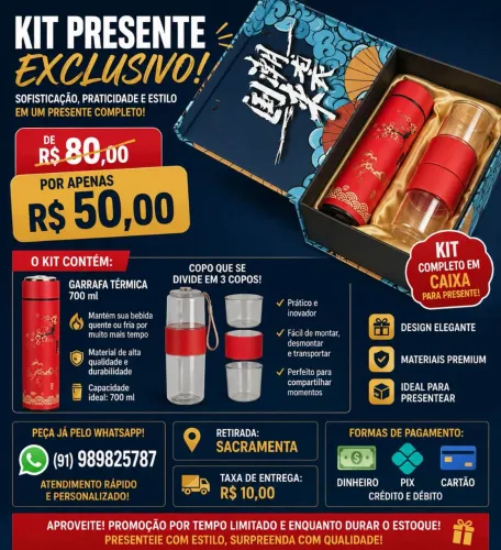 Promoção Lindo kit Garrafa térmica + 1 copo que se vira em 3 com caixa de presente