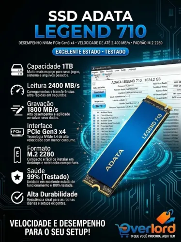 Ssd Adata Legend 710 1tb M.2 Nvme 2280 2400mb/s E 1800mb/s (99% de Saude)