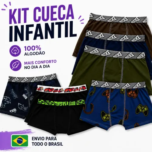 KIT 5 CUECAS INFANTIS ELÁSTICO LARGO 100% ALGODÃO - PEÇAS SORTIDAS