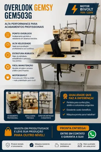 Máquina de Costura Overlock Industrial Gemsy GEM503G - Ótimo Custo-Benefício