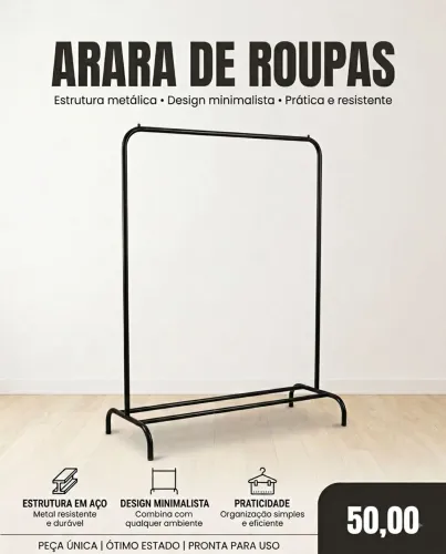 ARARA DE ROUPAS EM AÇO PRETO POUCO USADA