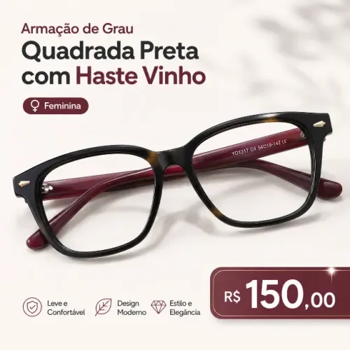 Armação de Grau Quadrada Preta com Haste Vinho
