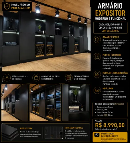 Armário Expositor Modular MDF 25mm 5,44m para Loja de Roupas Seminovo