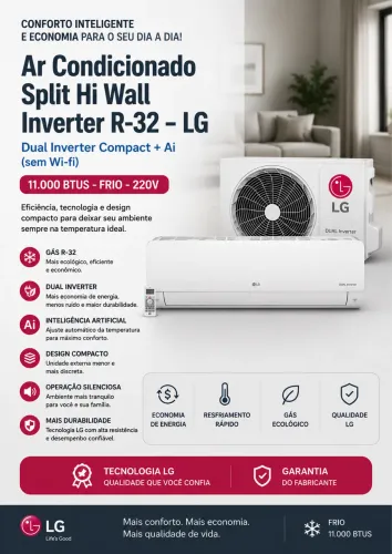 AR CONDICIONADO SPLIT HI WALL LG DUAL INVERTER COMPACT + AI 11.000 BTUs 