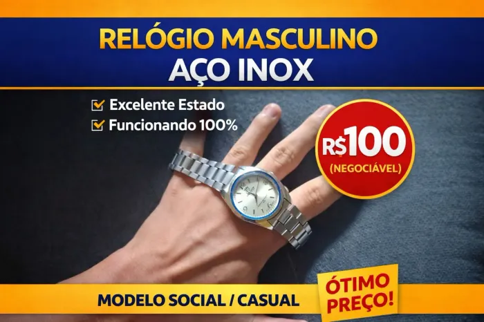 Relógio Masculino Aço Inox - Modelo Social/Casual - Excelente Estado