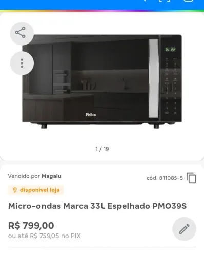 Micro ondas 33l Philco espelhado