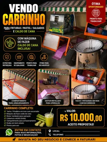 Carretinha completa pronta pra trabalhar para fazer pastel e caldo de cana
