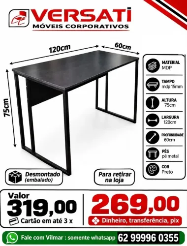 mesa 120cm x 60cm escritorio mdp pé de metal cor preta ( produto novo ) promoção