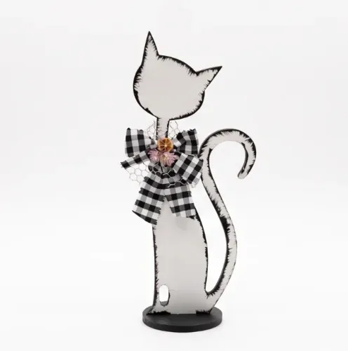 Enfeite Gato De Madeira Branco Shabby Chic Laço Artesanal
