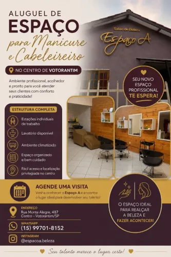 Espaço comercial. Aluguel de cadeira e espaço para cabeleireiro e manicure