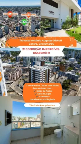 APENAS R$460.000! Apartamento à venda com 3 quartos com suíte no centro de Criciúma