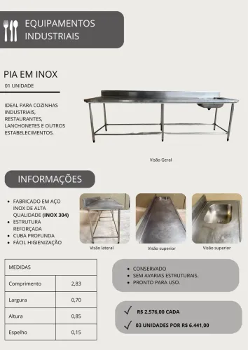 Pia Industrial em Inox 304 - 2,83m
