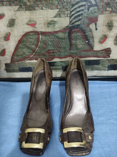 Dunes Peep toe salto madeira meia anabela