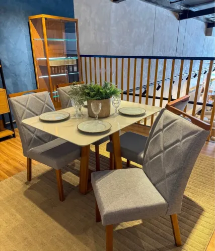 Mesa de Jantar Mel Vidro Off 120×80 4 Cadeiras Madeira Maciça
