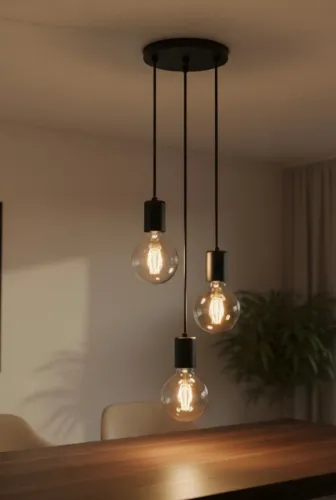 Pendente industrial preto + lâmpadas amarelas