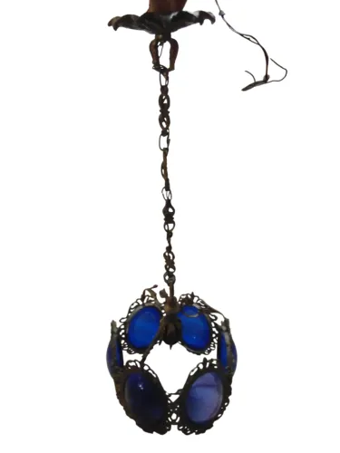 Lustre Pendente Ouro Velho Antigo com detalhes Azul