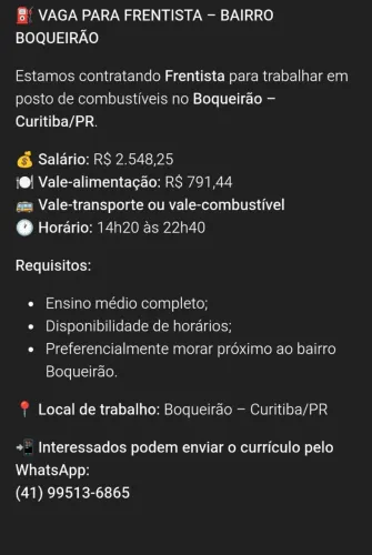 VAGA PARA FRENTISTA - BAIRRO BOQUEIRÃO 