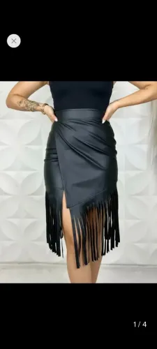 Saia Preta Couro Com Franja Transpassada Feminina tamanho GG