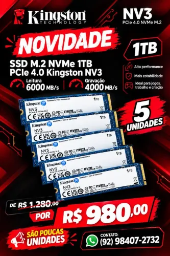 SSD M.2 NVMe 1TB PCIe 4.0 Kingston NV3 Leitura 6000 MB/s e Gravação 4000 MB/s