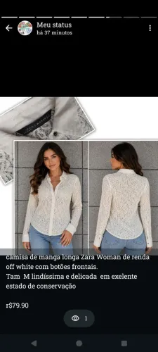 camisa de manga longa Zara renda wonan Tam M.