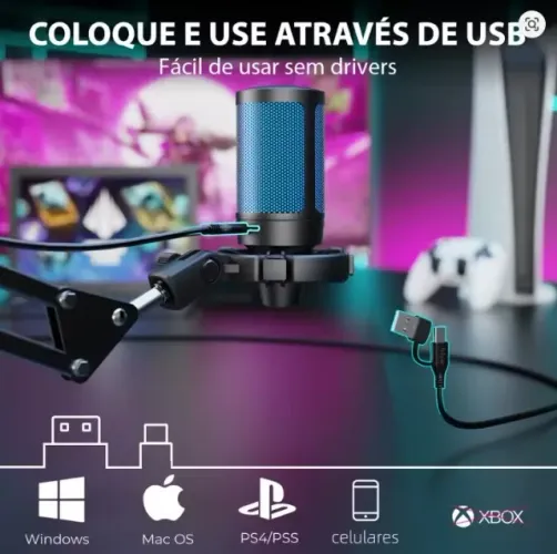 Kit Microfone Gamer Fifine A2t Rgb Com Braço Preto