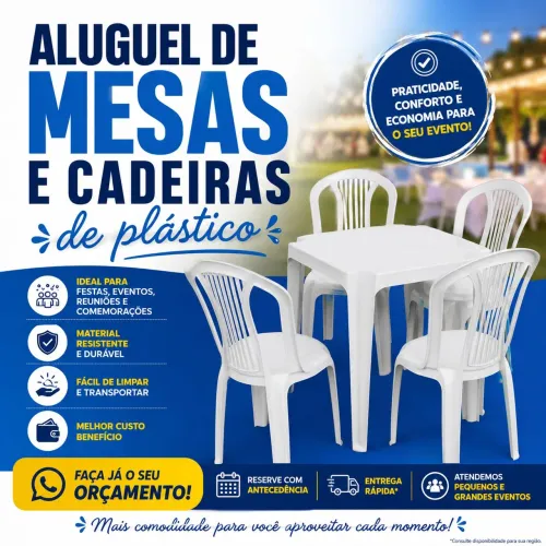 Aluguel de cadeiras e mesas de Plástico