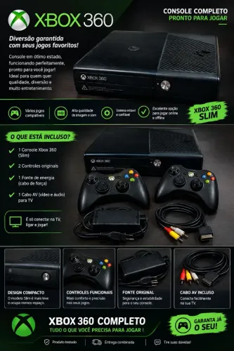 ? Xbox 360 Slim + 2 Controles + Cabos - Completo e Pronto para Jogar