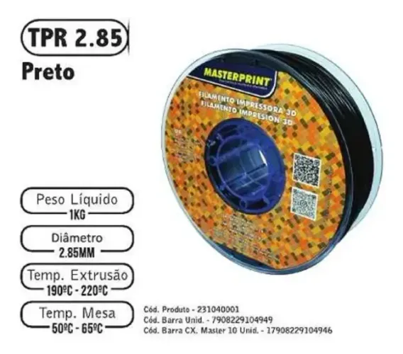 Filamento De Impressora 3d Tpr (borracha) 2.85mm Masterprint Cor Preto