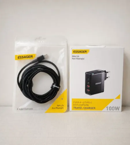 Kit Carregador Essager 100W GaN + Cabo USB-C 100W (2m) - Novo, Lacrado
