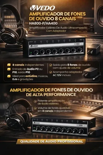     Amplificador de Fones Vedo HA800 8 Canais Profissional