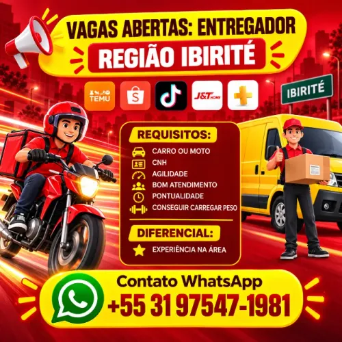 Vaga Para Entregador Carro ou Moto Região de Ibirité