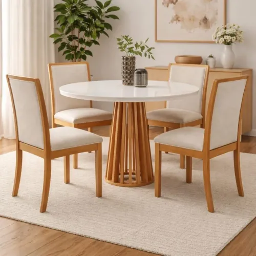 Mesa de Jantar Redonda  Cinamomo/Off White com 4 Cadeiras Linho Areia tt76