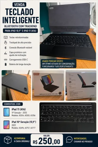 Teclado Inteligente Bluetooth com Trackpad para iPad 11 (A16) e iPad 10ª Geração - R$ 250
