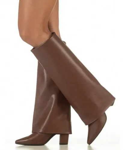 Bota Capa Feminina Cano Longo Salto Alto Bloco Bico Fino Elegante Estilo Moda GiGiL