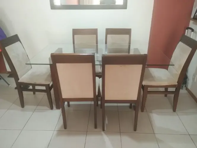 Mesa de Jantar 6 Lugares Tampo de Vidro + 6 Cadeiras