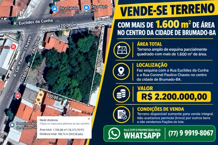Terreno com mais de 1.600 m² no Centro de Brumado-BA