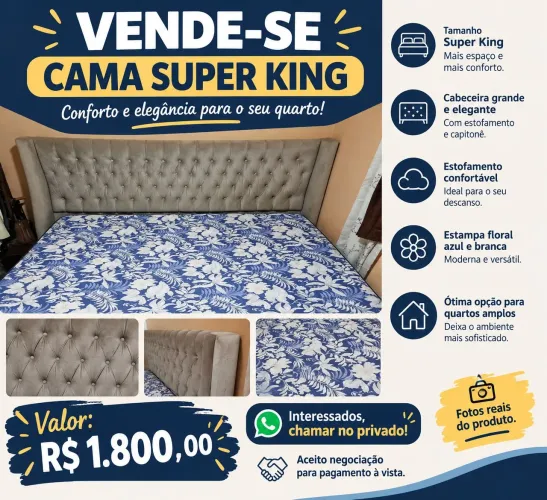 Cama box King size acompanhada de cabeceira.